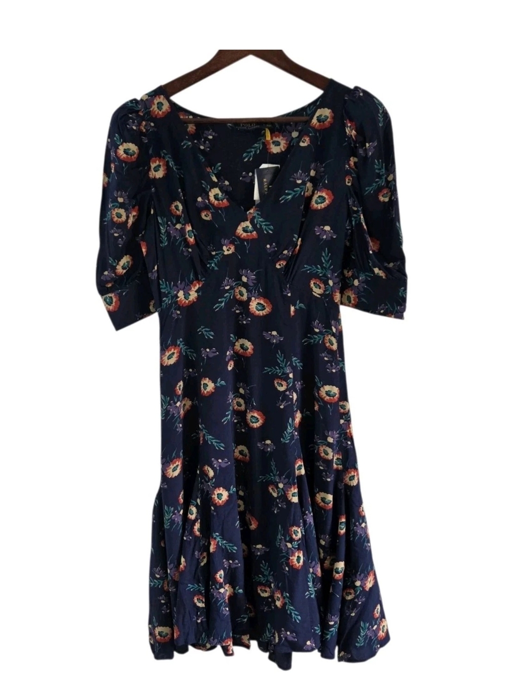 Polo Ralph Lauren Teo Floral Navy Blue Puff Short Sleeve Dress Size 6 NWT NEW